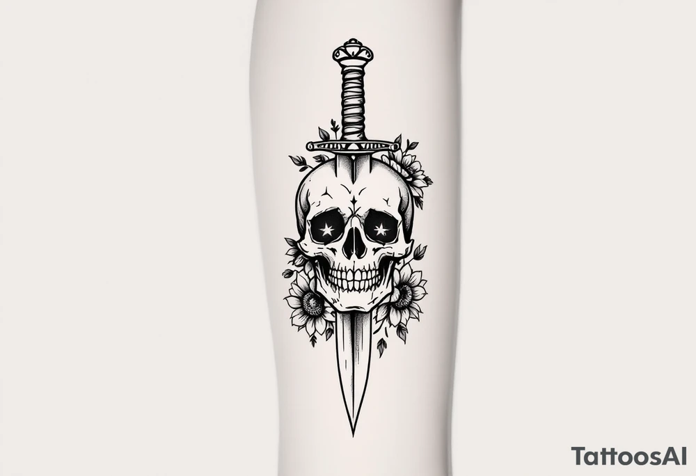 Skull, heart piercing a dagger with roses and sunflowers tattoo idea Skull, heart piercing a dagger with roses and sunflowers tattoo idea