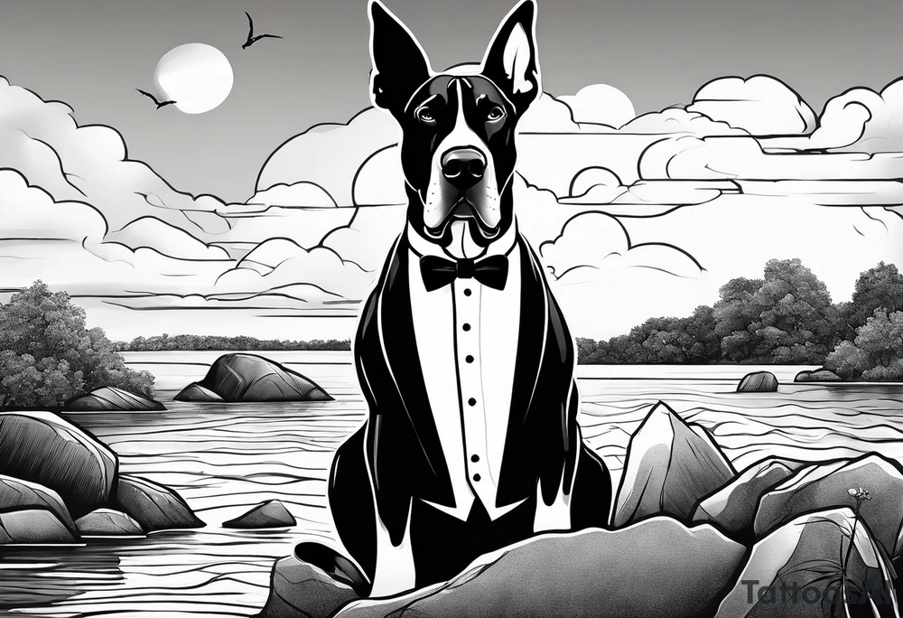 Arm sleeve for man with Great Dane (Full Tuxedo Color and floppy ears) standing proudly chest up on a rock in front of a body of water tattoo idea