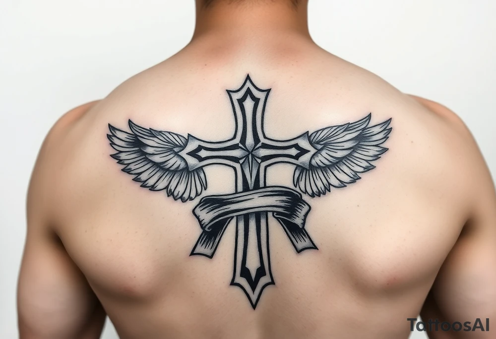 A cross surrounded with ribbon by Micronesian tribal for arm tattoo idea