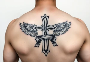 A cross  surrounded with ribbon by Micronesian tribal for arm tattoo idea