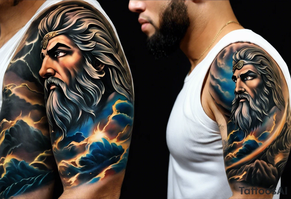 Full left arm tattoo sleeve with the Greek gods, Zeus, Poseidon and Hades. Zeus' face with a lightning bolt coming out of one eye is at the left shoulder, Poseidon's  face with a trident as one of his eyes is at the left upper arm and Hades' face with 
a bident as one of his eyes is at the left forearm. tattoo idea
