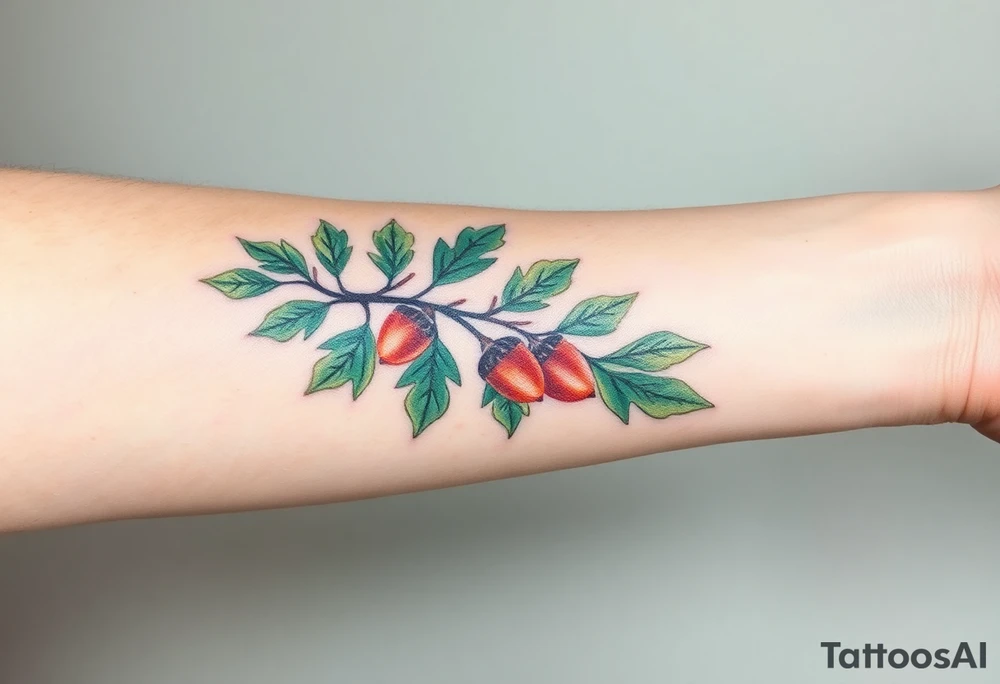 on the forearm an oak branch with thick leaves and acorns tattoo idea