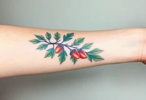 on the forearm an oak branch with thick leaves and acorns tattoo idea