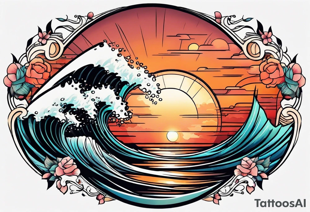 Round tattoo, inside sunset and sea with retro look tattoo idea