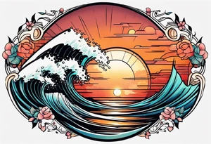 Round tattoo, inside sunset and sea with retro look tattoo idea