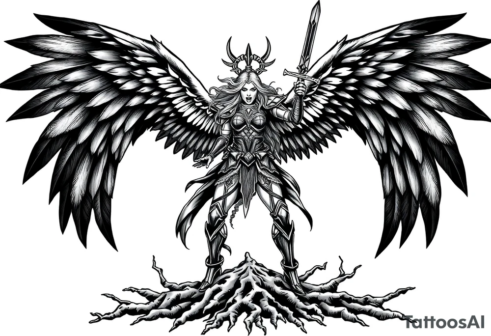 A fierce looking Valkyrie with very big dark wings. The whole body with legs should be visible.
She has armor.
She is standing in a battle ready pose with a sword held high.

She is screaming.
She is standing on roots tattoo idea