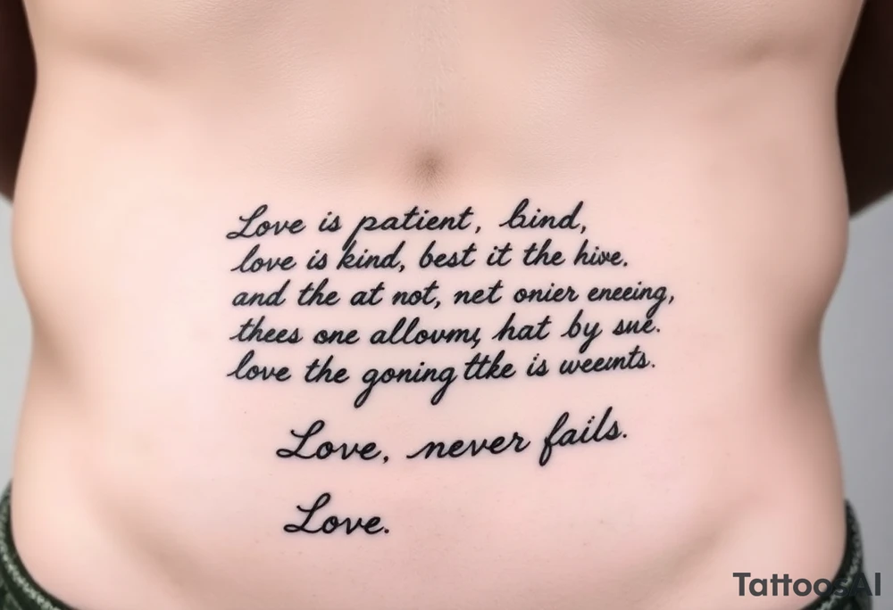 A handwritten tattoo above a man's front right hip that takes up about 1/2 of his waist without coming close to his navel that reads,
Love is patient, love is kind. It does not envy, it does not boast, 
it is not proud. It does not dishonor others, it is not self-seeking, 
it is not quick to anger, it keeps no record of wrongs.
Love does not delight in evil but rejoices with the truth. 
It always protects, always trusts, always hopes, always perseveres.
Love never fails.


8 Love never fails." tattoo idea