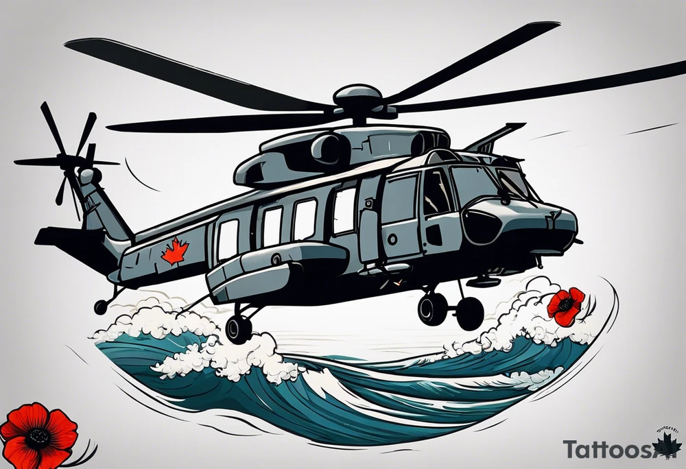 A cinematic-style tattoo depicting a Canadian military CH-148 Cyclone helicopter performing a daring maneuver over a turbulent ocean. The sky should be filled with dramatic clouds, and the sun should be setting, casting long shadows. The helicopter should be the main focus, with intricate details and a sense of motion. In the background, a poppy should be prominently displayed, and a quote from 'Lest We Forget' should be included, black and white tattoo idea