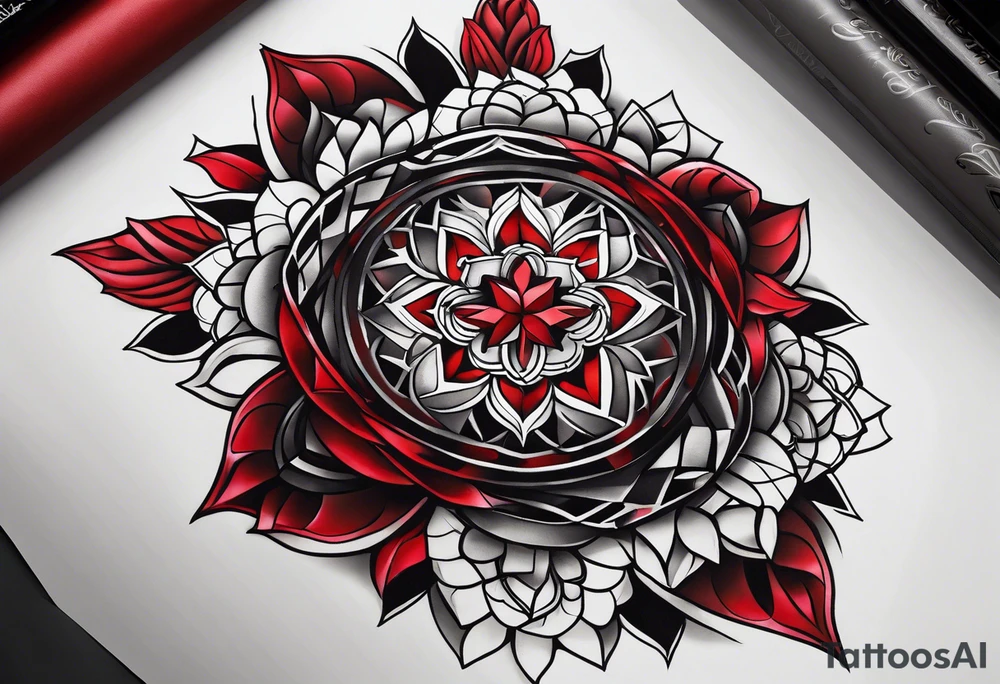semi Detailed neo traditional knee tattoo on paper. The tattoo features geometric patterns and bold lines, creating a visually striking design with slight tints of deep red. tattoo idea