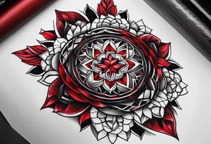 semi Detailed neo traditional knee tattoo on paper. The tattoo features geometric patterns and bold lines, creating a visually striking design with slight tints of deep red. tattoo idea