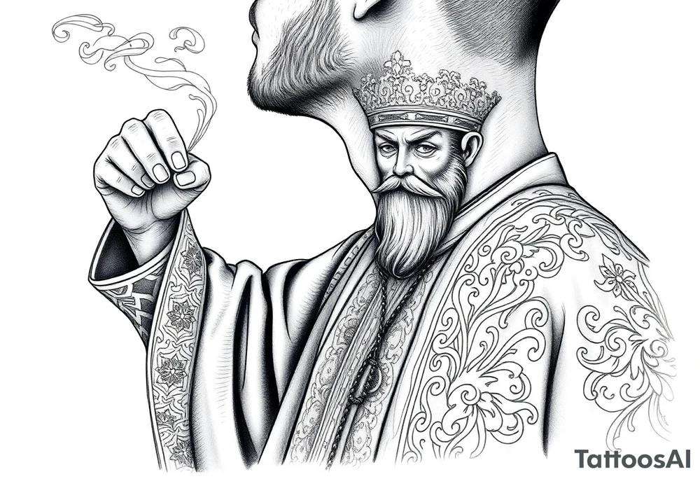 A Russian Orthodox Priest in full gold vestments swinging a censer with smoke curling upward 

The ornate robes give incredible fine line detail
The incense smoke could flow and connect to other elements
It ties directly into the church and Virgin Mary you already have
Very culturally authentic to the overall theme tattoo idea