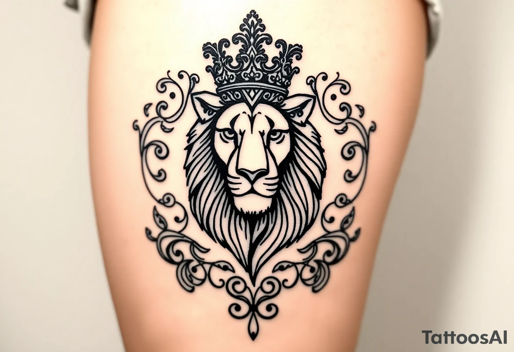 majestic lion wearing ornate crown, surrounded by baroque flourishes tattoo idea