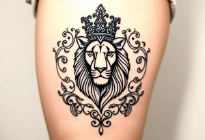 majestic lion wearing ornate crown, surrounded by baroque flourishes tattoo idea