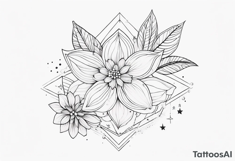 fine line with stars, floral, dots tattoo idea