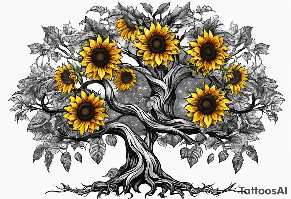 Feminine Yggdrasil tree with two sunflowers tattoo idea Feminine Yggdrasil tree with two sunflowers tattoo idea