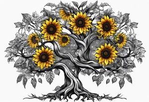 Feminine Yggdrasil tree with two sunflowers tattoo idea