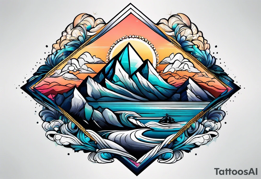 Mountains and ocean waves diamond shape tattoo idea