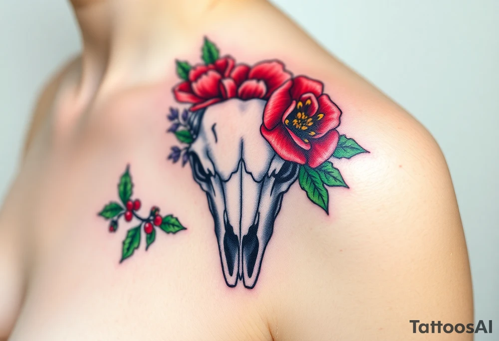 Buffalo or bison skull with flowers. Snow drop and red peony. Green holly with red berries, purple larkspur, red peony.  Colour. For upper arm or shoulder. tattoo idea