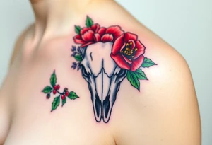 Buffalo or bison skull with flowers. Snow drop and red peony. Green holly with red berries, purple larkspur, red peony.  Colour. For upper arm or shoulder. tattoo idea