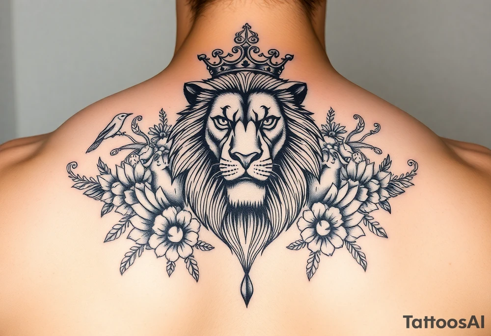 powerful majestic lion with a crown, surrounded by floral ornaments and birds tattoo idea