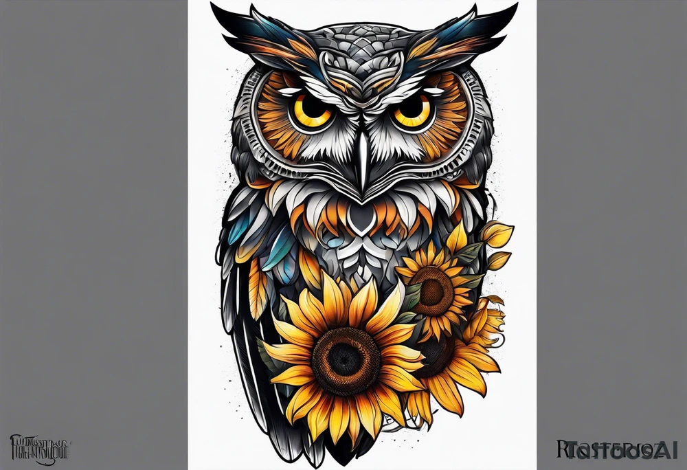 Arm sleeve with owl and sunflowers tattoo idea