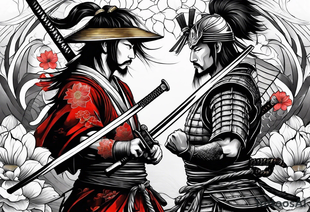 Samurai warrior and spartan warrior facing off, include lotus flowers in the background, both warriors should appear aggressive looking ready for battle, forearm sleeve tattoo idea