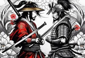 Samurai warrior and spartan warrior facing off, include lotus flowers in the background, both warriors should appear aggressive looking ready for battle, forearm sleeve tattoo idea