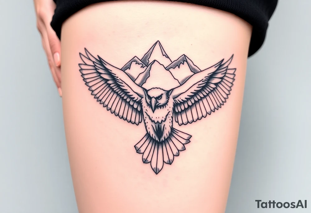 majestic eagle spreading wings against mountain peaks tattoo idea
