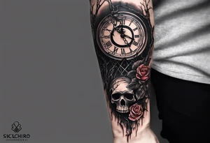 tattoo sleeve, tree roots break out of the chains at the bottom of the hand, Symbolizing loss, an image of a broken mask, Clock with flying numbers, girl, skull, roses tattoo idea