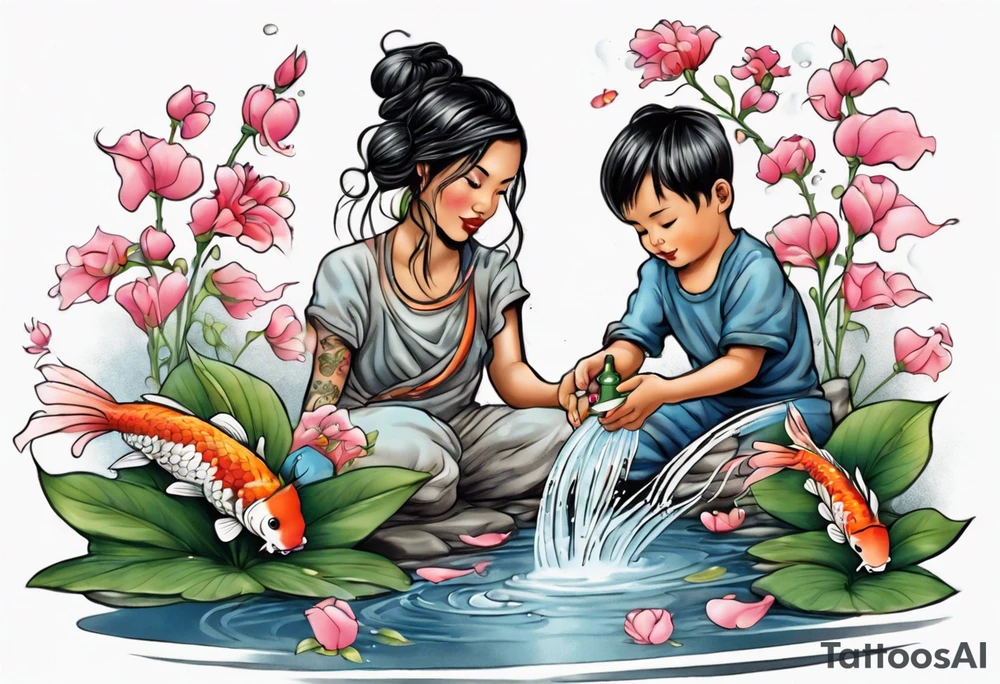 ethnic 
woman and two little boy, watering sweet pea flowers cascading down, surrounding a pond with 2 koi fish swimming tattoo idea