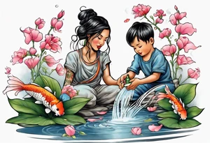 ethnic 
woman and two little boy, watering sweet pea flowers cascading down, surrounding a pond with 2 koi fish swimming tattoo idea