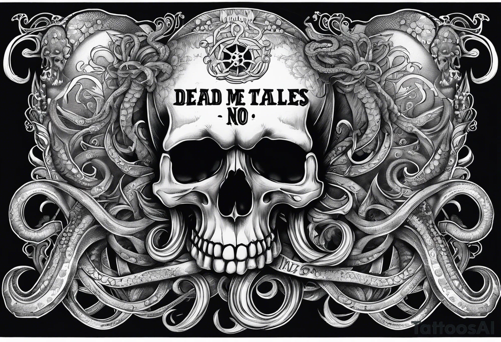 Skull with tentacles and text above and below  “Dead me say no tales” tattoo idea