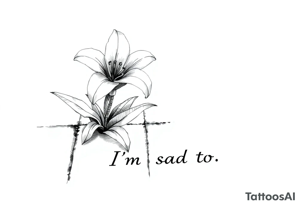 Lily growing out of tile floor with the words I’m sad too written small in the grout between two tiles tattoo idea