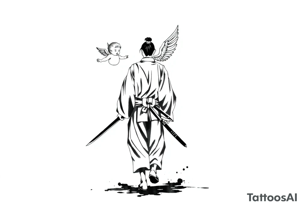 "Blackwork tattoo sketch of a lone samurai walking forward, shown in dramatic silhouette style. The samurai wears traditional kimono and hakama, holding a katana in one hand with the blade pointing downward. Behind him floats a small child angel with detailed feathered wings, gently touching the samurai’s back with one hand, as if stopping or guiding him. Strong contrast, dynamic ink splatter, rough brush strokes, Japanese sumi-e vibe, emotional and symbolic composition, high detail linework, no background." tattoo idea
