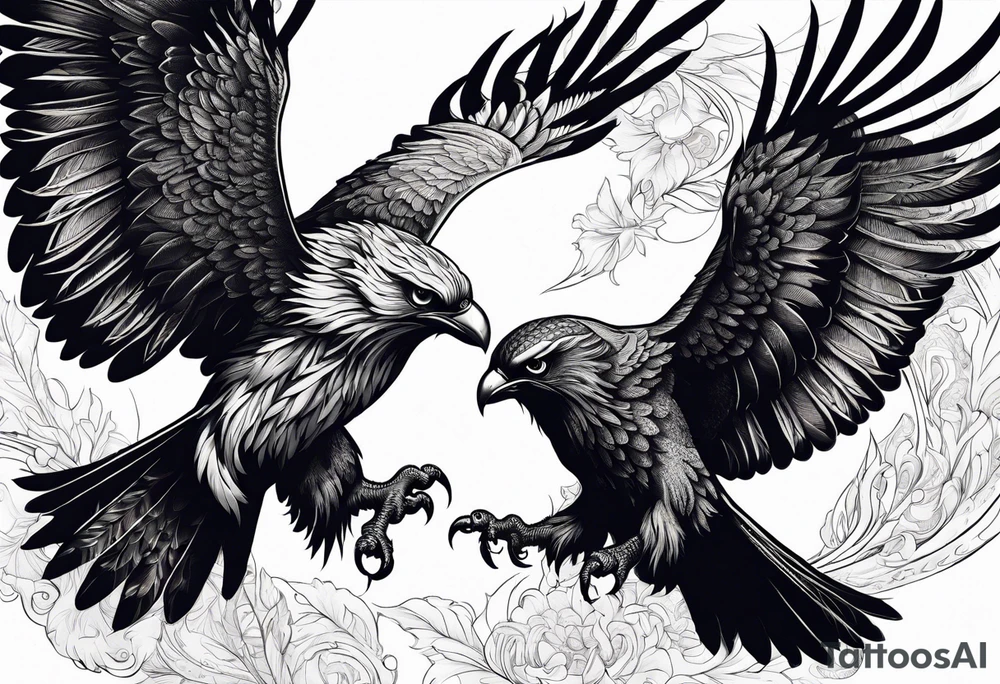 Pheonix and raven fighting with owl flying in at them tattoo idea
