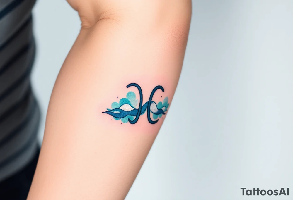 A minimalist Aquarius symbol, surrounded by soft watercolor waves in hues of turquoise, indigo, and silver. tattoo idea