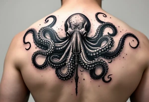 giant octopus around a trident tattoo idea