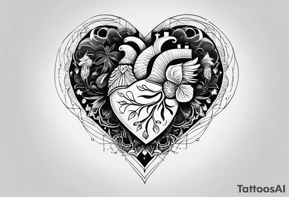 a heart shape with the following inside: brain, travel or plane, family, and other symbols tattoo idea