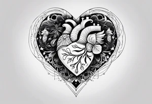 a heart shape with the following inside: brain, travel or plane, family, and other symbols tattoo idea