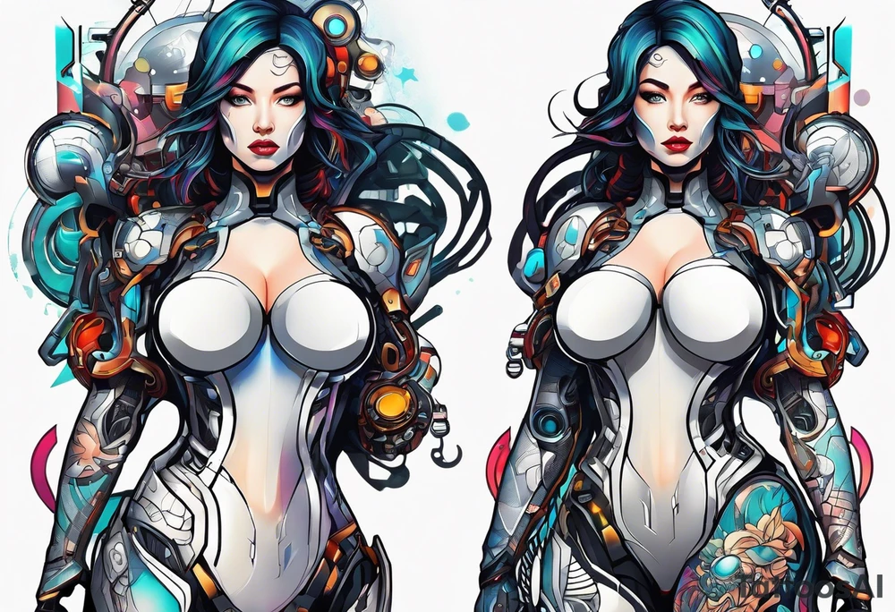 female cyborg full body torso arms, retro futuristic, travel and movies no tattoos tattoo idea