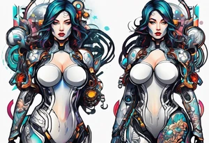 female cyborg full body torso arms, retro futuristic, travel and movies no tattoos tattoo idea