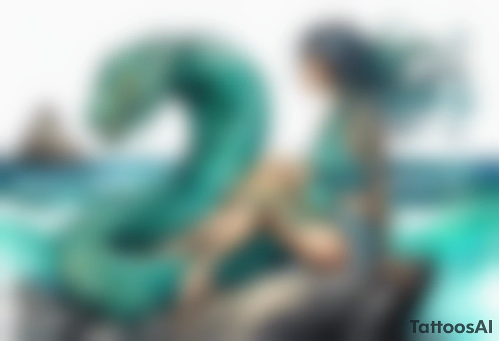 A sea serpent woman hybrid covered in turquois scales sitting on rocks by the ocean tattoo idea