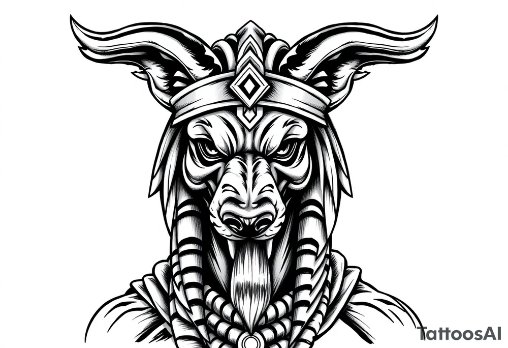 Egyptian Anubis god powerful face muscle in Egypt style with mantle on head dog face long ears tattoo idea