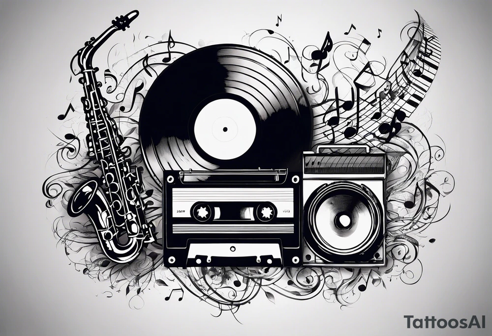 music notes surrounded by a record, a cassette tape, and saxophone parts tattoo idea