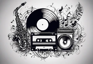 music notes surrounded by a record, a cassette tape, and saxophone parts tattoo idea