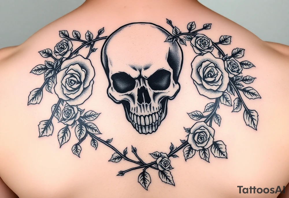 gothic skull intertwined with climbing roses and thorny vines tattoo idea