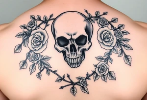 gothic skull intertwined with climbing roses and thorny vines tattoo idea