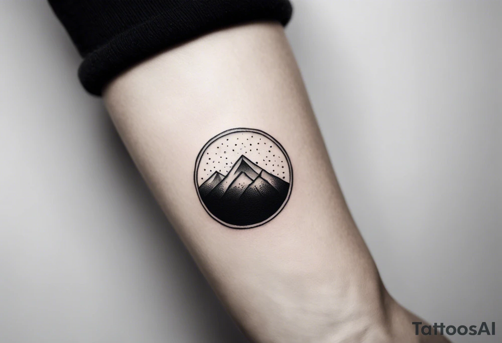 A minimalist black-and-white tattoo design, intended to be placed just above the inner elbow. The design features a thin, open circle symbolizing a cycle or new beginning. Inside the circle is a small, stylized mountain silhouette, simple and clean, representing stability and growth. From the base of the mountain, a fine, gently wavy line resembling a lifeline extends outward from the circle, symbolizing life’s journey with its ups and downs. The style is delicate and refined, with clean, thin lines for a subtle yet powerful symbol. tattoo idea