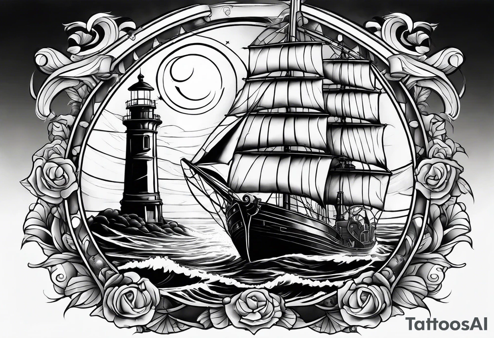 ghost marine lighthouse behind the bow of a sailboat. tattoo idea