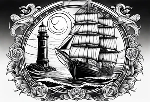ghost marine lighthouse behind the bow of a sailboat. tattoo idea